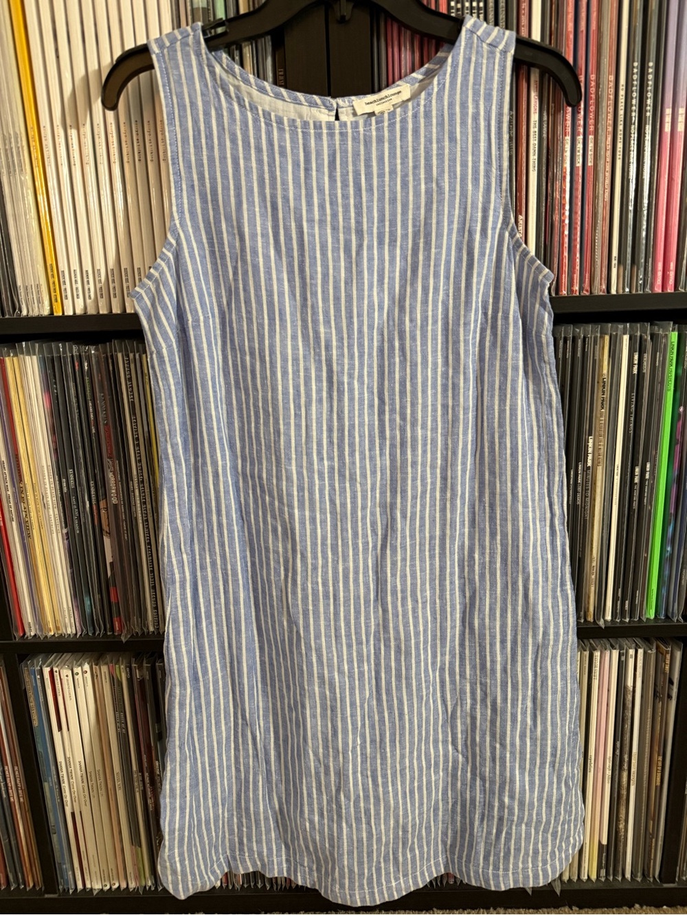 Sleeveless Blue & White Striped Linen Shift Dress